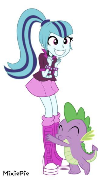 Size: 643x1193 | Tagged: safe, artist:mixiepie, derpibooru import, edit, editor:undeadponysoldier, sonata dusk, spike, dragon, human, equestria girls, rainbow rocks, cute, female, happy, hug, leg hug, male, shipping, simple background, sonatabetes, spikabetes, spikelove, spinata, straight, white background