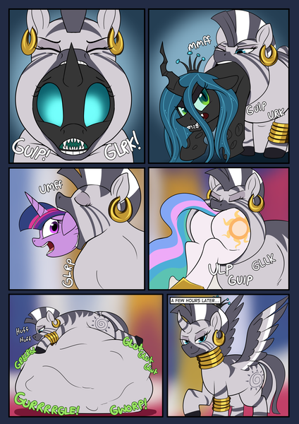 Size: 2481x3507 | Tagged: questionable, artist:swiftsketchpone, derpibooru import, princess celestia, queen chrysalis, twilight sparkle, zecora, oc, oc:willa, alicorn, changeling, zebra, zebra alicorn, absorption, alicornified, asset theft, attribute theft, butt, changeling prey, comic, digestion, ear piercing, earring, eyes closed, female, fetish, horn theft, image, implied death, jewelry, lidded eyes, looking at you, mare, neck rings, oral vore, piercing, plot, png, pony prey, preylight, quadrupedal, race swap, vore, vore transformation, wing theft, zecoracorn, zecorapred