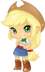 Size: 1024x1633 | Tagged: safe, artist:yuuabyss, derpibooru import, applejack, equestria girls, boots, chibi, clothes, cowboy boots, cowboy hat, deviantart watermark, female, hands on hip, hat, obtrusive watermark, shoes, simple background, skirt, smiling, solo, transparent background, watermark