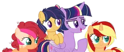 Size: 1373x581 | Tagged: safe, artist:ipandacakes, derpibooru import, twilight sparkle, twilight sparkle (alicorn), oc, oc:apple spritz, oc:chimi cherry cheesecake, oc:nova star sparkle, alicorn, earth pony, pegasus, pony, unicorn, base used, female, filly, offspring, parent:applejack, parent:cheese sandwich, parent:flash sentry, parent:flim, parent:pinkie pie, parent:twilight sparkle, parents:cheesepie, parents:flashlight, parents:flimjack, simple background, transparent background