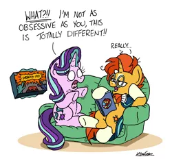 Size: 2292x2129 | Tagged: safe, artist:bobthedalek, derpibooru import, starlight glimmer, sunburst, pony, unicorn, a trivial pursuit, board game, book, couch, dialogue, dragon pit, female, glasses, glowing horn, horn, lidded eyes, magic, male, mare, open mouth, sitting, stallion, telekinesis, underhoof