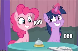 Size: 752x499 | Tagged: add, alicorn, a trivial pursuit, attention deficit disorder, caption, comparison, cute, derpibooru import, diapinkes, duo, edit, edited screencap, female, glowing horn, horn, image macro, imgflip, messy mane, ocd, ocd twilight, pinkie pie, safe, screencap, smiling, text, twiabetes, twilighting, twilight sparkle, twilight sparkle (alicorn)