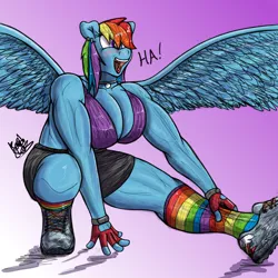 Size: 2000x2000 | Tagged: anthro, artist:fetishsketches, big breasts, breasts, busty rainbow dash, clothes, collar, derpibooru import, female, fingerless gloves, gloves, gradient background, knee high socks, muscles, muscular female, piercing, plantigrade anthro, rainbow dash, rainbow socks, rainbuff dash, shoes, shorts, signature, sneakers, socks, solo, solo female, spread wings, stretching, striped socks, suggestive, wings
