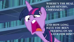 Size: 1280x720 | Tagged: safe, derpibooru import, edit, edited screencap, screencap, twilight sparkle, twilight sparkle (alicorn), alicorn, pony, every little thing she does, angry, book, bookshelf, faic, implied chrysalis, implied flash sentry, implied flashlight, implied shipping, implied straight, library, solo, traditional royal canterlot voice, twilight's castle, twilight's castle library