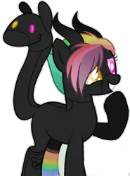 Size: 350x472 | Tagged: safe, artist:celestial-rue0w0, derpibooru import, oc, oc:miz-chef, unofficial characters only, demon, demon pony, original species, pony, augmented tail, boots, clothes, female, grin, heterochromia, mare, multicolored hair, rainbow hair, rainbow socks, raised hoof, shoes, smiling, socks, solo, striped socks