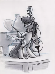 Size: 1800x2400 | Tagged: safe, artist:spainfischer, derpibooru import, octavia melody, earth pony, pony, bedroom eyes, bow, bowtie, cello, grayscale, hoof hold, lidded eyes, marker drawing, monochrome, musical instrument, piano, smiling, standing, traditional art