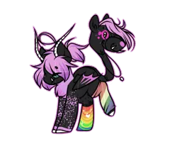 Size: 461x405 | Tagged: safe, artist:celestial-rue0w0, derpibooru import, oc, oc:miz-chef, unofficial characters only, demon, demon pony, original species, pony, augmented tail, bat wings, boots, clothes, female, grin, heterochromia, horns, jewelry, mare, markings, monster mare, necklace, rainbow socks, raised hoof, shoes, smiling, socks, solo, striped socks, taised hoof, wings