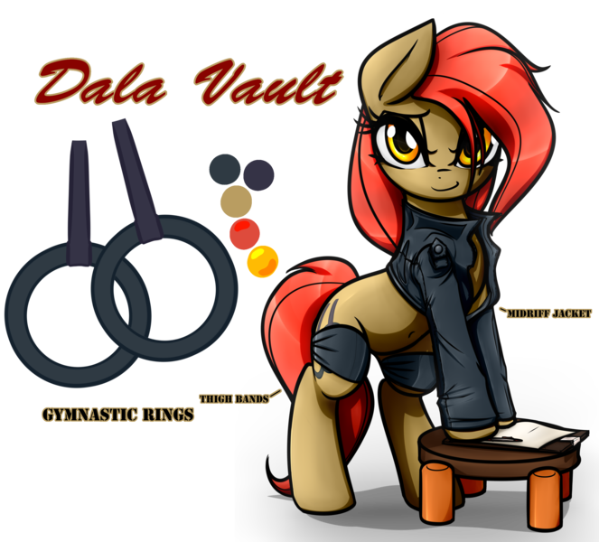 Size: 2935x2658 | Tagged: safe, artist:jetwave, derpibooru import, oc, oc:dala vault, unofficial characters only, earth pony, pony, belly button, clothes, color palette, cutie mark, female, jacket, leather jacket, mare, reference sheet, short shirt, solo, stool