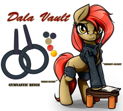 Size: 2935x2658 | Tagged: safe, artist:jetwave, derpibooru import, oc, oc:dala vault, unofficial characters only, earth pony, pony, belly button, clothes, color palette, cutie mark, female, jacket, leather jacket, mare, reference sheet, short shirt, solo, stool