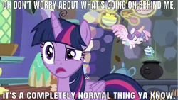 Size: 640x361 | Tagged: safe, derpibooru import, edit, edited screencap, editor:undeadponysoldier, screencap, princess flurry heart, twilight sparkle, twilight sparkle (alicorn), alicorn, pony, best gift ever, bowl, caption, cauldron, female, filly, food, image macro, ladle, lemon, looking at you, measuring cup, meme, messy mane, normal, present, spoon, talking to viewer, teapot, text