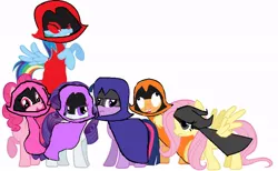 Size: 736x452 | Tagged: safe, derpibooru import, applejack, fluttershy, pinkie pie, rainbow dash, rarity, twilight sparkle, earth pony, pegasus, pony, unicorn, 1000 hours in ms paint, angry, cloak, clothes, colors of raven, derp, happy, lazy, love, passion, rage, raven (teen titans), red eyes, sad, simple background, smiling, teen titans go, timid, unicorn twilight, white background