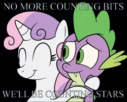 Size: 639x513 | Tagged: safe, artist:eagc7, derpibooru import, edit, editor:undeadponysoldier, spike, sweetie belle, dragon, pony, unicorn, black background, counting stars, cute, daaaaaaaaaaaw, eyes closed, female, filly, hug, male, one republic, shipping, simple background, song reference, spikebelle, straight, word art