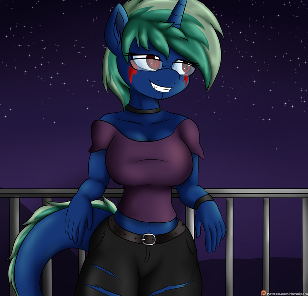 Size: 2500x2400 | Tagged: anthro, artist:novaspark, choker, clothes, derpibooru import, glasses, jeans, midriff, monster pony, oc, oc:fury spark, oc:nova spark, original species, pants, ripped jeans, safe, short shirt, solo, tatzlpony, unofficial characters only