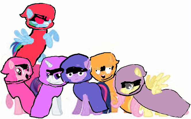 Size: 664x413 | Tagged: safe, artist:spikethehound, derpibooru import, applejack, fluttershy, pinkie pie, rainbow dash, rarity, twilight sparkle, earth pony, pegasus, pony, unicorn, 1000 hours in ms paint, angry, cloak, clothes, colors of raven, derp, happy, lazy, love, passion, rage, raven (teen titans), red eyes, simple background, teen titans go, timid, unicorn twilight, white background