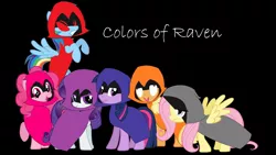 Size: 1280x720 | Tagged: safe, derpibooru import, applejack, fluttershy, pinkie pie, rainbow dash, rarity, twilight sparkle, earth pony, pegasus, pony, unicorn, angry, black background, cloak, clothes, colors of raven, cute, derp, diapinkes, happy, lazy, passion, rage, raven (teen titans), red eyes, sad, shyabetes, simple background, teen titans go, text, timid, unicorn twilight, voice actor joke
