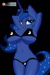 Size: 1280x1903 | Tagged: suggestive, artist:raydonxd, derpibooru import, princess luna, alicorn, anthro, arm behind head, armpits, belly button, big breasts, bikini, bikini top, black background, breasts, busty princess luna, clothes, cutie mark clothes, female, huge breasts, patreon, patreon logo, simple background, solo, solo female, swimsuit, tongue out, wingless, wingless anthro