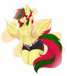 Size: 1909x2173 | Tagged: abstract background, anthro, artist:teranen, boxer briefs, clothes, derpibooru import, femboy, girly, looking at you, male, oc, oc:attraction, partial nudity, pegasus, simple background, solo, suggestive, topless, unofficial characters only, waist wings, white background, wide hips, wings