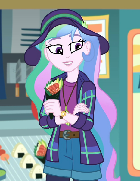 Size: 816x1052 | Tagged: safe, derpibooru import, screencap, princess celestia, equestria girls, equestria girls series, the road less scheduled, the road less scheduled: celestia, spoiler:choose your own ending (season 2), spoiler:eqg series (season 2), clothes, cropped, feather, feather necklace, female, flannel, food, food truck, hat, jewelry, music festival outfit, necklace, principal celestia, shorts, smiling, sushi, sushi cone, watch, wristwatch