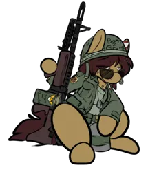 Size: 498x539 | Tagged: safe, artist:cantershirecommons, derpibooru import, oc, oc:timeline, unofficial characters only, pony, army helmet, cigarette, clothes, costume, dog tags, gun, helmet, long sleeves, m60, machine gun, male, military uniform, nightmare night costume, simple background, sitting, solo, stallion, tired, transparent background, weapon