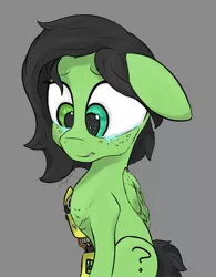 Size: 1291x1657 | Tagged: safe, artist:enragement filly, derpibooru import, oc, oc:anonfilly, cyborg, pegasus, pony, amputee, borderlands, crying, cybernetic eyes, ear down, female, filly, heterochromia, i never asked for this, prosthetic leg, prosthetic limb, prosthetics, sad, tales from the borderlands