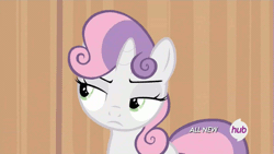 Size: 533x300 | Tagged: safe, derpibooru import, screencap, sweetie belle, pony, unicorn, for whom the sweetie belle toils, all fours, angry, animated, annoyed, cute, cute when angry, diasweetes, female, filly, foal, gritted teeth, growling, head turn, hub logo, listening, looking at you, looking up, madorable, multicolored mane, narrowed eyes, raised eyebrow, solo, sweetie belle is not amused, unamused, zoom in