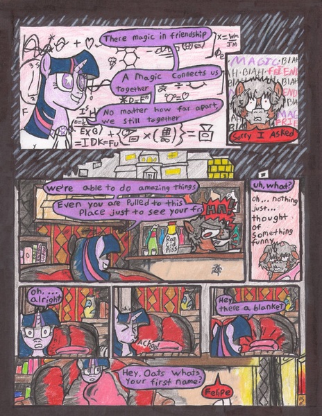 Size: 2504x3236 | Tagged: safe, artist:oatmeal155, derpibooru import, twilight sparkle, oc, oc:cinnamon oats, pony, unicorn, comic:oat.meal, comic, ever emerald manor, traditional art, unicorn twilight