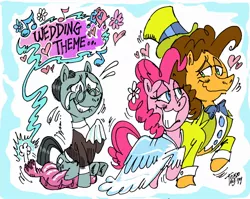 Size: 1280x1020 | Tagged: safe, artist:grotezco, derpibooru import, cheese sandwich, pinkie pie, sans smirk, pony, the last laugh, alternate ending, bridal, cheesepie, clothes, crying, dress, female, floating heart, groom, handkerchief, happiness, happy, heart, hilarious in hindsight, looking at each other, male, music, romance, shipping, sitting, smiling, straight, suit, tears of joy, wedding dress, whoopie cushion