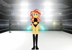 Size: 2652x1853 | Tagged: safe, artist:invisibleink, artist:marcusvanngriffin, deleted from derpibooru, derpibooru import, edit, sunset shimmer, equestria girls, belly button, boots, clothes, commission, elbow pads, female, intro, introduction, knee pads, looking at you, midriff, shoes, solo, sports, sports bra, sports panties, spotlight, wrestler, wrestling, wrestling ring