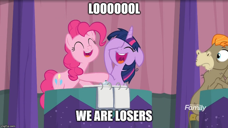 Size: 888x499 | Tagged: alicorn, a trivial pursuit, blank notepad, caption, cranky doodle donkey, derpibooru import, discovery family logo, edit, edited screencap, floppy ears, image macro, laughing, laughingmares.jpg, meme, messy mane, notepad, pinkie pie, safe, screencap, text, twilight sparkle, twilight sparkle (alicorn), wig