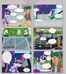 Size: 1808x2039 | Tagged: safe, artist:thomaszoey3000, derpibooru import, sci-twi, timber spruce, twilight sparkle, comic:abandoned, equestria girls, equestria girls series, car, clothes, female, geode of telekinesis, glasses, magical geodes, male, ponytail, shipping, shoes, skirt, straight, timbertwi, truck