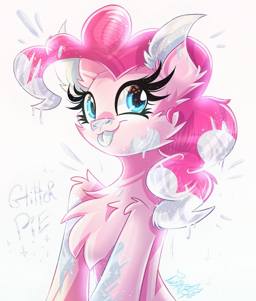 Size: 1700x2000 | Tagged: safe, artist:alexbluebird, derpibooru import, pinkie pie, pony, chest fluff, cute, glitter, happy, solo, tongue out