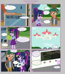 Size: 1808x2039 | Tagged: safe, artist:thomaszoey3000, derpibooru import, sci-twi, timber spruce, twilight sparkle, comic:abandoned, equestria girls, equestria girls series, clothes, comic, drone, female, geode of telekinesis, glasses, magical geodes, male, ponytail, shipping, skirt, sky, straight, timbertwi
