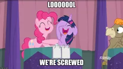 Size: 888x499 | Tagged: alicorn, a trivial pursuit, blank notepad, caption, cranky doodle donkey, derpibooru import, edit, edited screencap, floppy ears, image macro, laughing, laughingmares.jpg, mans1ay3r, meme, messy mane, notepad, pinkie pie, safe, screencap, text, twilight sparkle, twilight sparkle (alicorn), wig