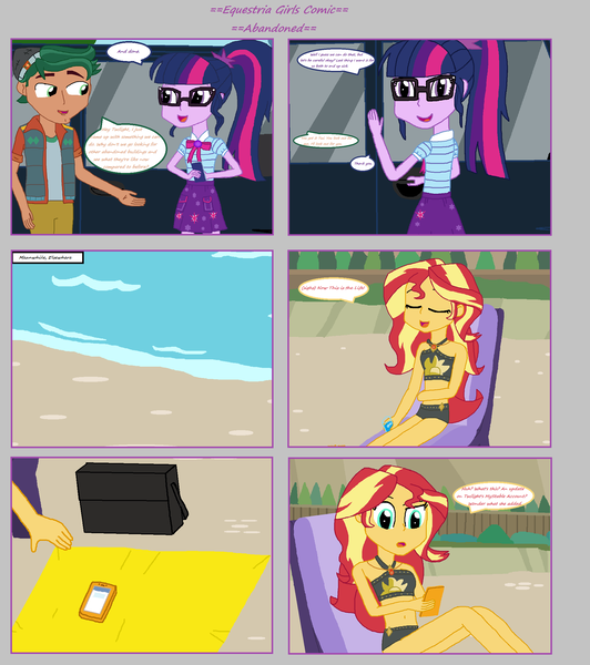 Size: 1808x2039 | Tagged: safe, artist:thomaszoey3000, derpibooru import, sci-twi, sunset shimmer, timber spruce, twilight sparkle, comic:abandoned, equestria girls, equestria girls series, beach, clothes, geode of empathy, geode of telekinesis, glasses, magical geodes, mobile phone, pants, phone, skirt, smartphone, swimsuit