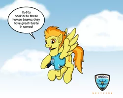 Size: 1217x976 | Tagged: safe, artist:riverfox237, derpibooru import, spitfire, pegasus, pony, clothes, cloud, esports, floating, logo, london spitfire, namesake, overwatch, overwatch league, shirt, sky, t-shirt