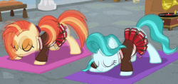 Size: 800x377 | Tagged: safe, derpibooru import, edit, edited screencap, editor:luzion, screencap, lighthoof, shimmy shake, earth pony, pony, 2 4 6 greaaat, animated, backbend, cheerleader, clothes, glutes, invisible stallion, out of context, pleated skirt, skirt, stretching, twerking, yoga, yoga mat
