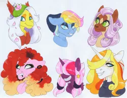 Size: 3917x3024 | Tagged: safe, artist:frozensoulpony, derpibooru import, oc, oc:avant garde, oc:classy, oc:gabriel, oc:pristine white, oc:ruby raclette, oc:scintilla andromeda, unofficial characters only, hippogriff, hybrid, unicorn, bust, female, hair over eyes, high res, interspecies offspring, magical lesbian spawn, male, mare, offspring, parent:applejack, parent:capper, parent:cheese sandwich, parent:fleur-de-lis, parent:fluttershy, parent:gilda, parent:pinkie pie, parent:prince blueblood, parent:rainbow dash, parent:rarity, parent:tempest shadow, parent:twilight sparkle, parents:bluejack, parents:capperity, parents:cheesepie, parents:fleurdash, parents:gildashy, parents:tempestlight, portrait, traditional art