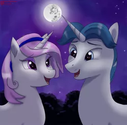 Size: 2242x2219 | Tagged: safe, artist:greenbrothersart, derpibooru import, fancypants, fleur-de-lis, pony, unicorn, alternate hairstyle, eye reflection, fancyfleur, female, hairband, looking at each other, male, mare, mare in the moon, moon, night, open mouth, reflection, shipping, smiling, stallion, stars, straight, younger