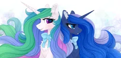 Size: 2420x1165 | Tagged: safe, artist:vird-gi, derpibooru import, princess celestia, princess luna, alicorn, pony, bow, chest fluff, cute, cutelestia, ear fluff, female, lunabetes, mare, royal sisters, siblings, sisters