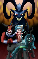 Size: 1023x1583 | Tagged: safe, artist:aleximusprime, derpibooru import, cozy glow, grogar, lord tirek, queen chrysalis, alicorn, centaur, changeling, changeling queen, pony, sheep, season 9, spoiler:s09, antagonist, dark, evil, evil grin, female, filly, foal, grin, horns, legion of doom, looking at you, male, mare, ram, sinister, smiling
