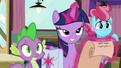 Size: 1920x1080 | Tagged: safe, derpibooru import, screencap, cup cake, spike, twilight sparkle, twilight sparkle (alicorn), alicorn, dragon, pony, a trivial pursuit, bag, lidded eyes, magic, saddle bag, scroll, winged spike