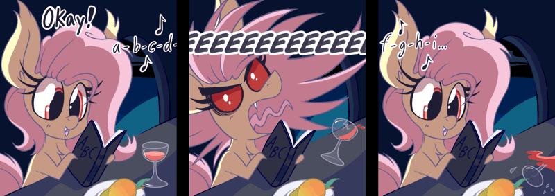 Size: 1511x534 | Tagged: safe, artist:dragonpone, derpibooru import, fluttershy, bat pony, pony, alphabet, animated, bat ponified, blood, book, break, chest fluff, comic, dialogue, ear fluff, eeee, eye shimmer, female, flutterbat, food, gif, glass, mango, music notes, open mouth, plate, race swap, reading, screaming, singing, smiling, solo, tongue out, wine glass, younger