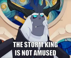 Size: 1023x840 | Tagged: antagonist, armor, canterlot castle, caption, cropped, crown, derpibooru import, edit, edited screencap, fangs, frown, horns, image macro, jewelry, meme, my little pony: the movie, regalia, safe, screencap, solo, stained glass, storm king, text, unamused, yeti