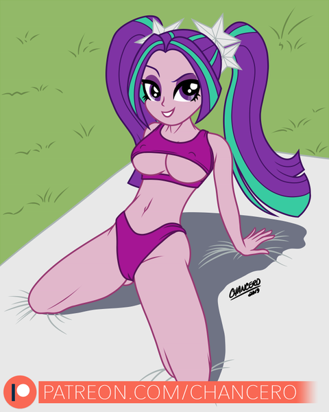 Size: 640x800 | Tagged: questionable, artist:chancero, derpibooru import, aria blaze, equestria girls, belly button, bikini, breasts, busty aria blaze, cameltoe, clothes, erect nipples, looking at you, nipple outline, pigtails, sexy, smiling, stupid sexy aria blaze, swimsuit, twintails, underboob, yoga