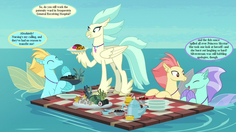 Size: 1152x648 | Tagged: background hippogriff, background sea pony, caviar, cropped, cup, derpibooru import, dialogue, edit, edited screencap, food, hippogriff, implied princess skystar, implied silverstream, jewelry, kelp, necklace, ocean, picnic, plate, safe, screencap, seapony (g4), speech bubble, surf and/or turf, sushi, teacup, teapot