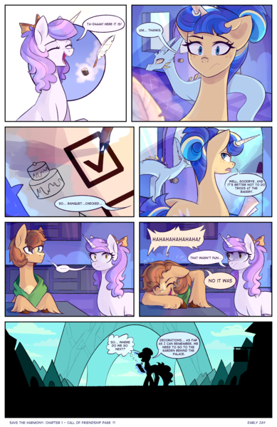 Size: 2301x3549 | Tagged: safe, artist:darlyjay, derpibooru import, oc, oc:dazzle pin, oc:ginger gold, oc:sterling sentry, unofficial characters only, pony, unicorn, comic:save the harmony, bow, comic, crystal empire, female, hair bow, high res, laughing, magic, mare, offspring, parent:applejack, parent:flash sentry, parent:pinkie pie, parent:pokey pierce, parent:troubleshoes clyde, parent:twilight sparkle, parents:flashlight, parents:pokeypie, parents:troublejack, quill