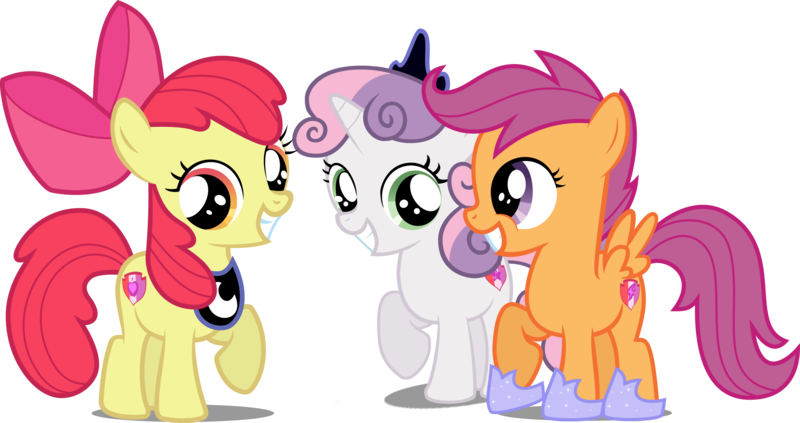 Size: 4016x2122 | Tagged: safe, artist:emper24, artist:fallingcomets, artist:loaded--dice, derpibooru import, edit, editor:slayerbvc, vector edit, apple bloom, scootaloo, sweetie belle, earth pony, pegasus, pony, unicorn, accessory swap, bow, crown, cutie mark, cutie mark crusaders, female, filly, grin, hair bow, hoof shoes, jewelry, luna's crown, peytral, raised hoof, regalia, simple background, smiling, the cmc's cutie marks, transparent background, vector