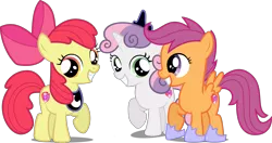 Size: 4016x2122 | Tagged: safe, artist:emper24, artist:fallingcomets, artist:loaded--dice, derpibooru import, edit, editor:slayerbvc, vector edit, apple bloom, scootaloo, sweetie belle, earth pony, pegasus, pony, unicorn, accessory swap, bow, crown, cutie mark, cutie mark crusaders, female, filly, grin, hair bow, hoof shoes, jewelry, luna's crown, peytral, raised hoof, regalia, simple background, smiling, the cmc's cutie marks, transparent background, vector