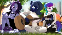 Size: 1920x1080 | Tagged: 3d, anthro, artist:anthroponiessfm, clothes, cute, cute face, derpibooru import, dress, female, glasses, guitar, heterochromia, looking at each other, musical instrument, oc, oc:aurora starling, oc:midnight music, oc:raven storm, park, picnic, plantigrade anthro, playing, safe, source filmmaker