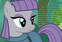 Size: 1050x720 | Tagged: safe, derpibooru import, edit, edited screencap, screencap, maud pie, pony, rock solid friendship, cropped, for science, promethium (element), rock, smiling, speech, talking, that pony sure does love rocks, when she smiles